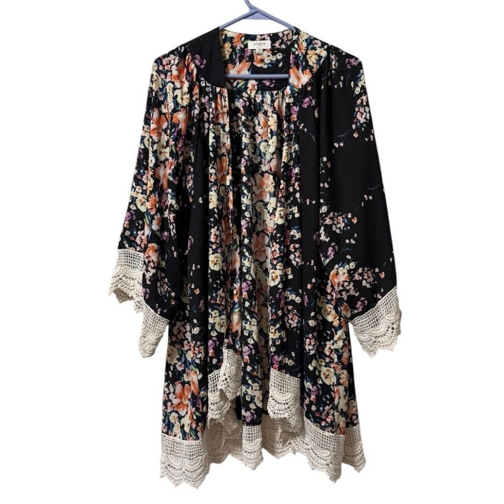 Umgee Cardigan Duster Top Sz S/M Floral Open Front Crocheted Cottagecore Hippie‎